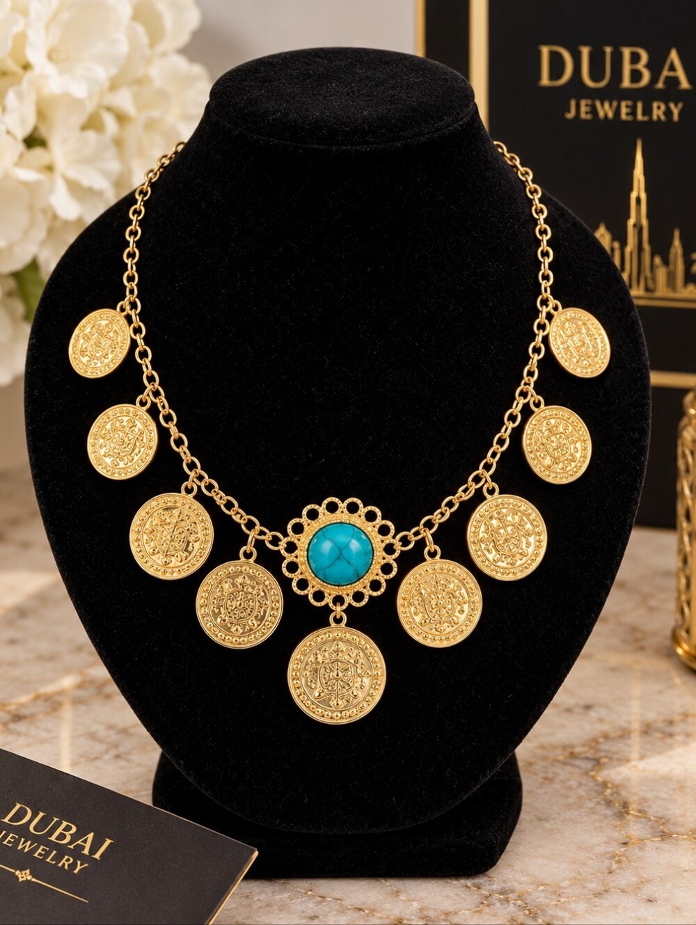 22K Gold Plated Dubai Coin Necklace Turquoise Statement Pendant